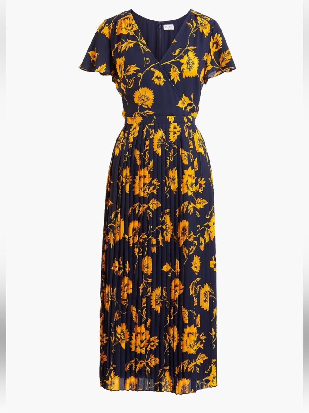 J. Crew Navy Midi Pleated Dress with Yellow Floral Print